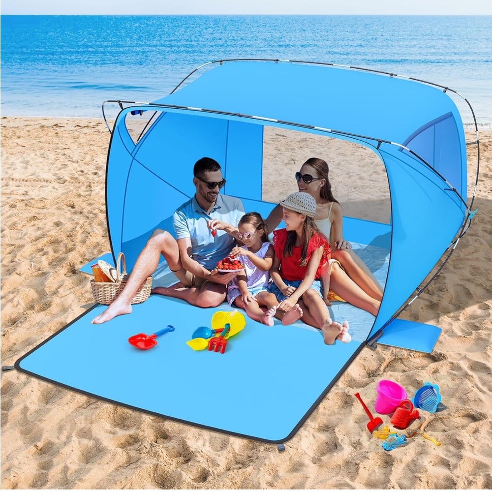 Beach Tent Sun Shelter,4-6 Person Beach Shade Tent, Easy Setup UPF 50+ UV Protec